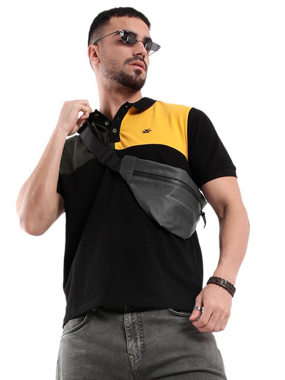 

WROGN Men Colourblocked Polo Collar Pure Cotton T-shirt, Black