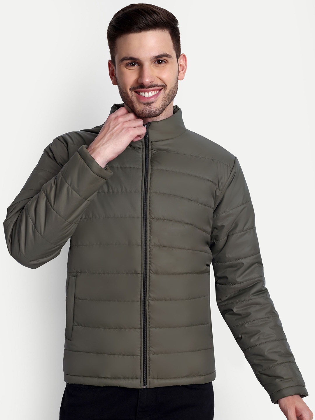 

ZEFFIT Men Mock Collar Solid Casual Puffer Jacket, Olive