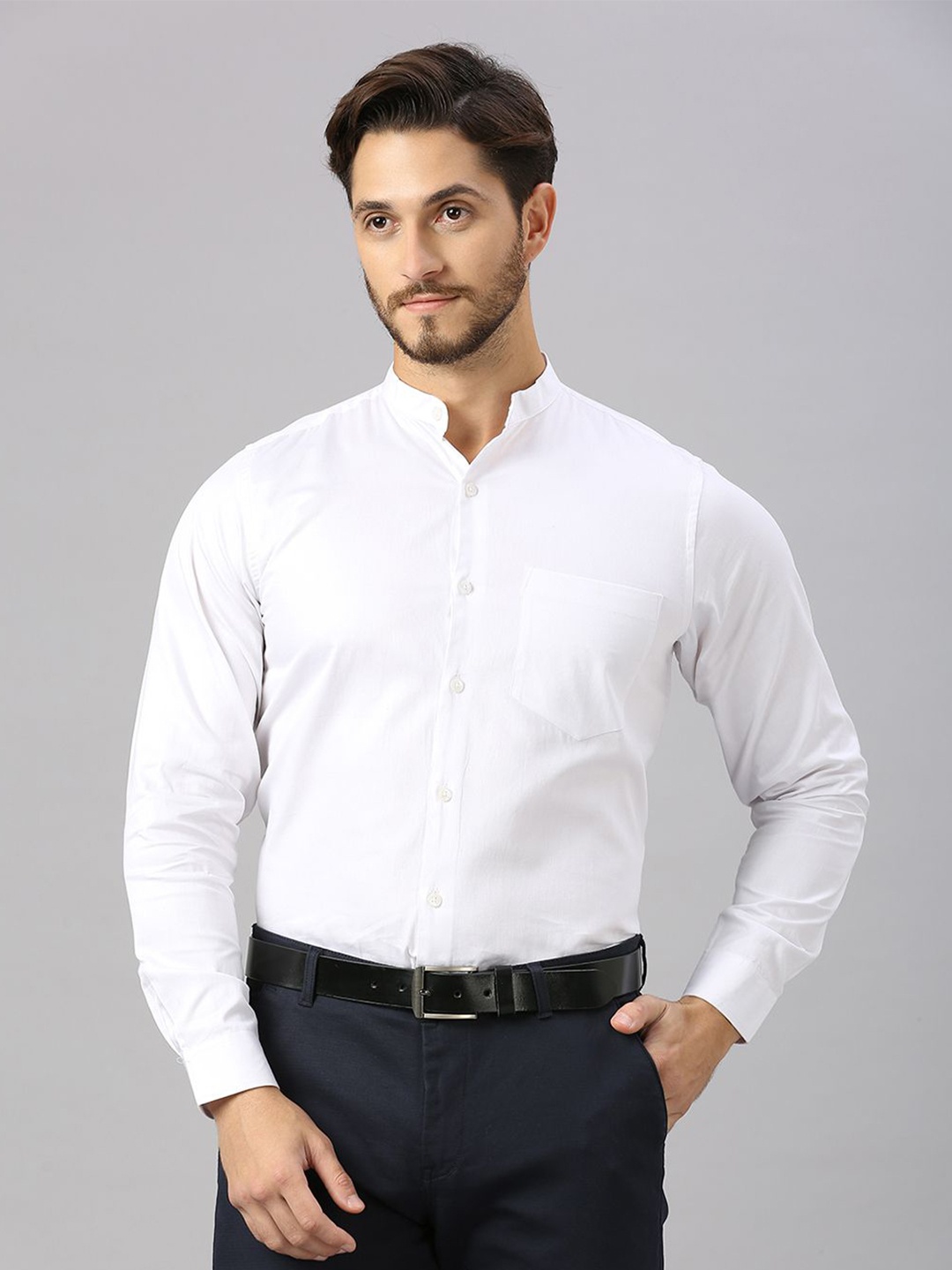 

JAPS Men Classic Mandarin Collar Solid Cotton Formal Shirt, White