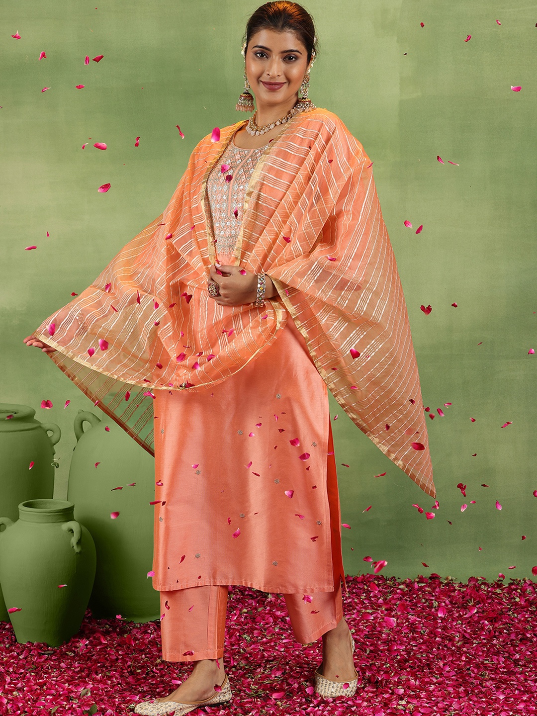 

Libas Ethnic Motifs Embroidered Sequinned Straight Kurta With Trousers & Dupatta, Peach