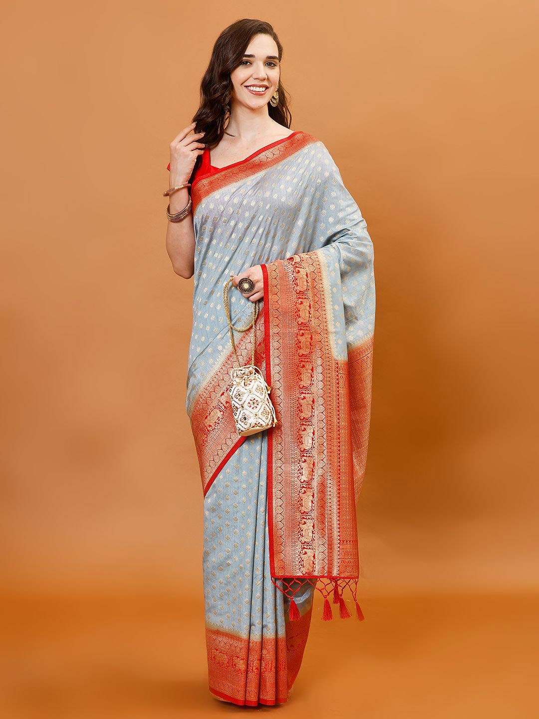 

Meena Bazaar Ethnic Motifs Woven Design Zari Saree, Grey