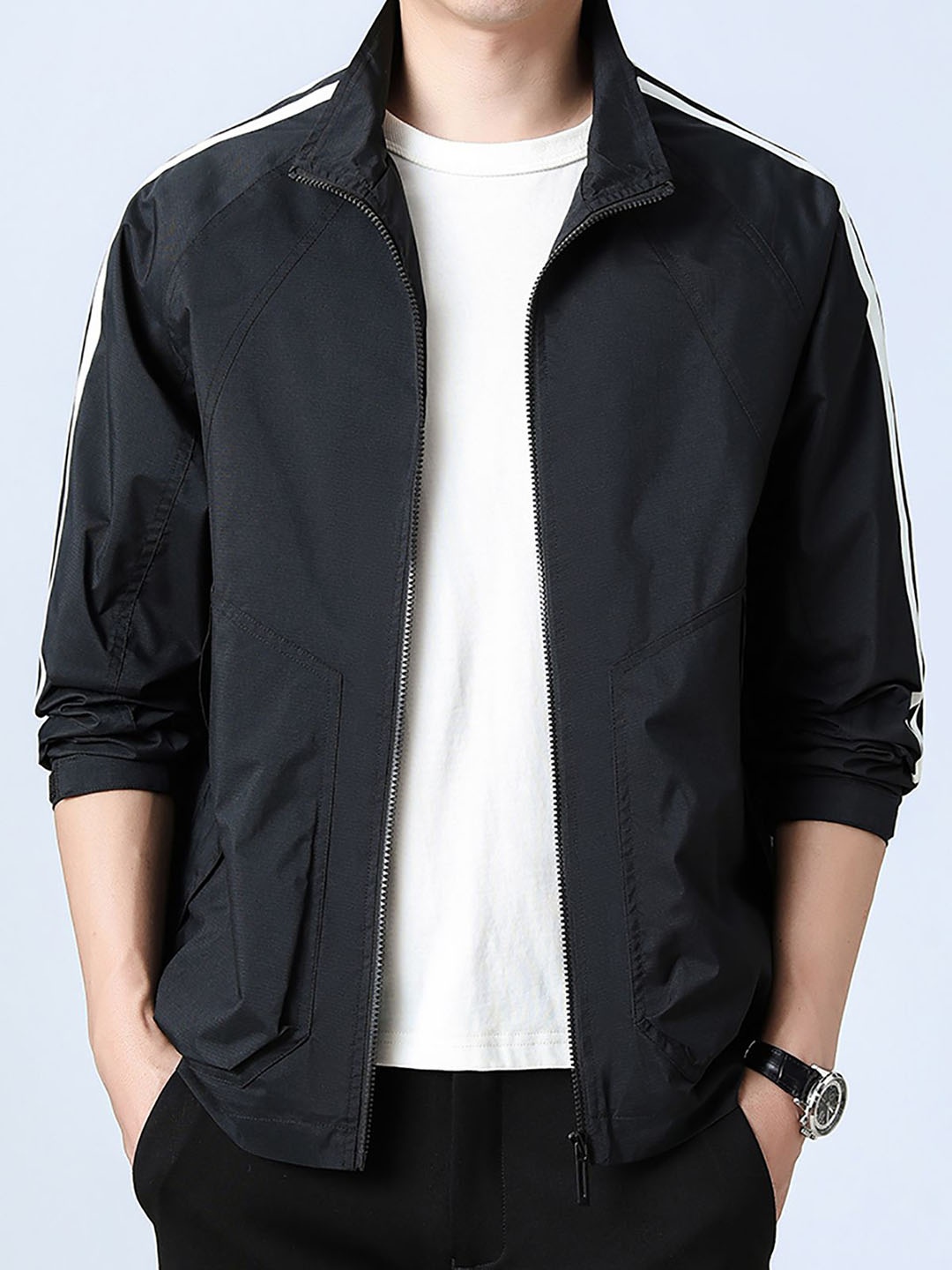 

StyleCast x Revolte Men Mock Collar Striped Casual Windcheater Jacket, Black