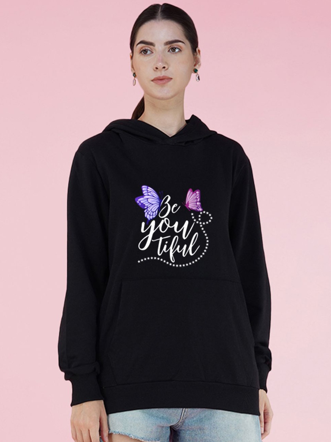 

NUSYL Graphic Printed Hooded Oversized Sweatshirt, Black
