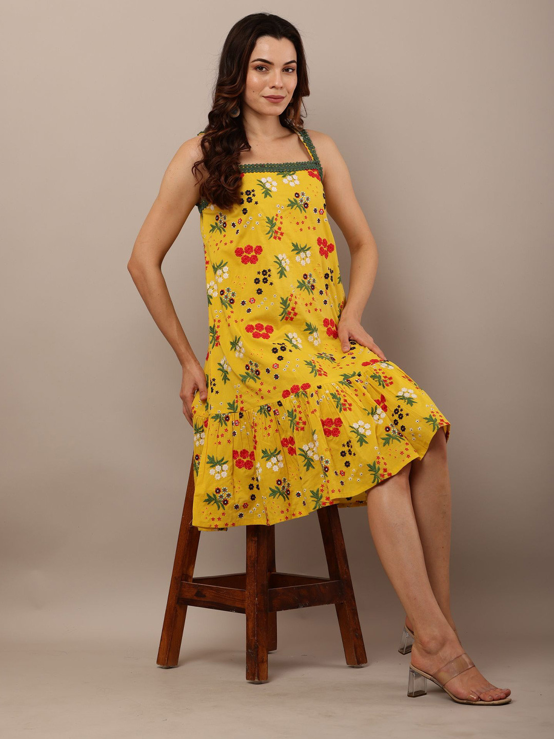 

ROZANAJAIPUR Floral Printed Cotton A-Line Dress, Yellow