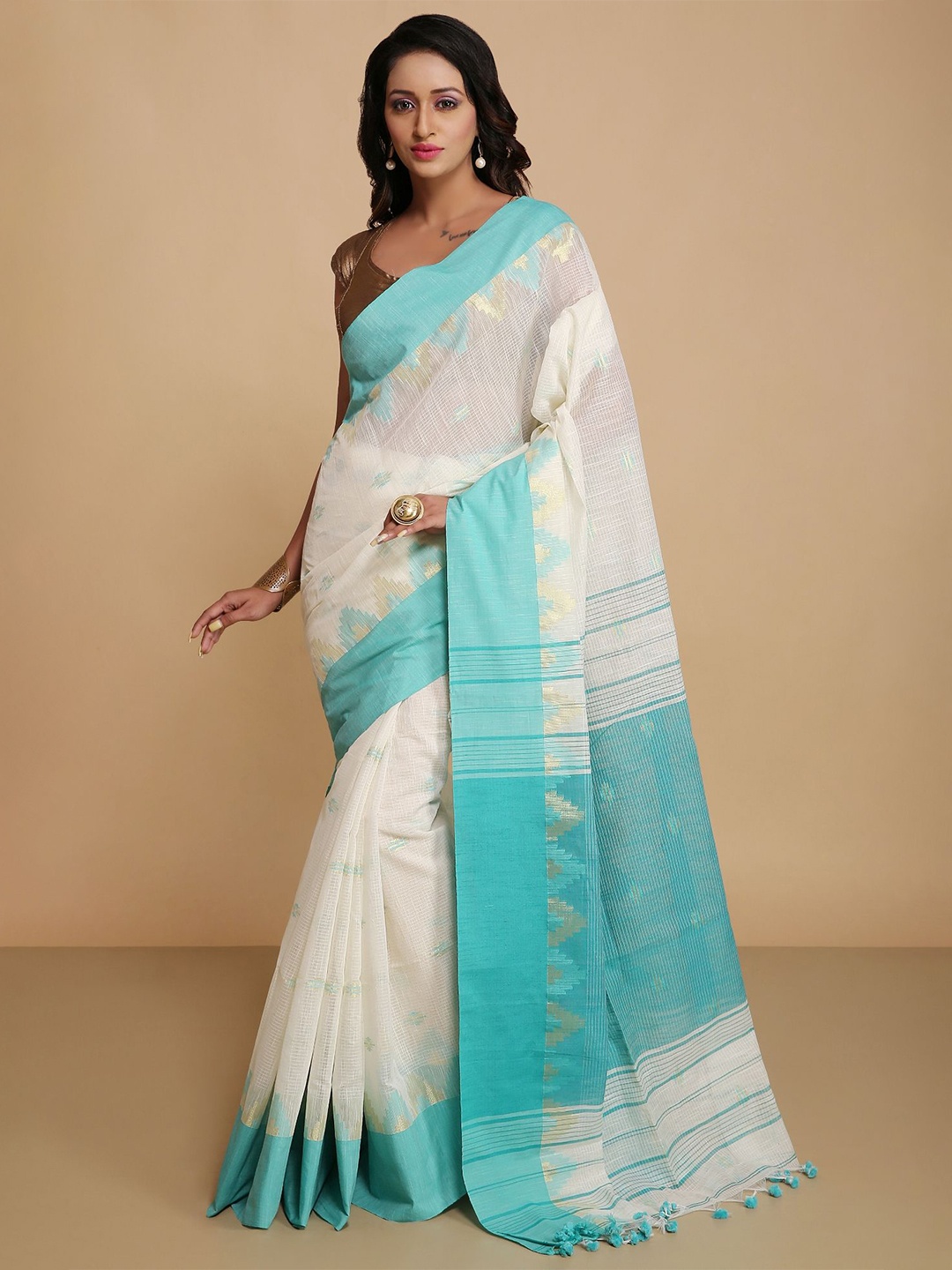 

WoodenTant Ethnic Motifs Silk Cotton Saree, Off white