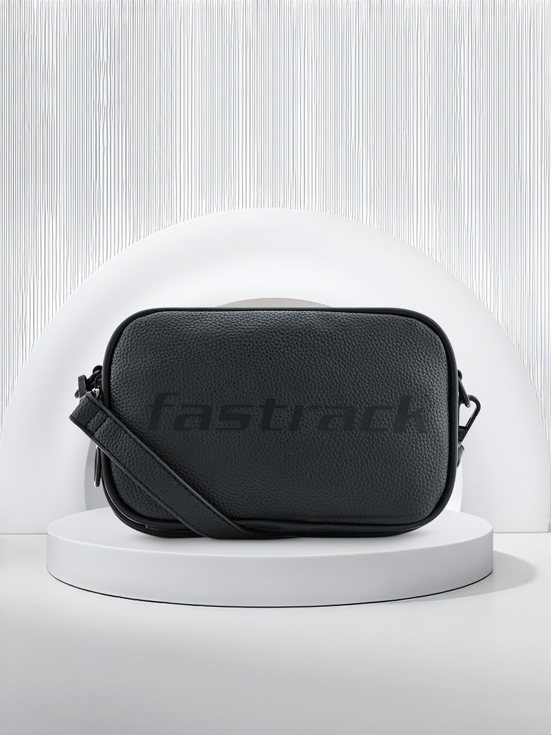 

Fastrack Textured Brand Logo Printed Structured Concealed Zipper Sling Bag, Black