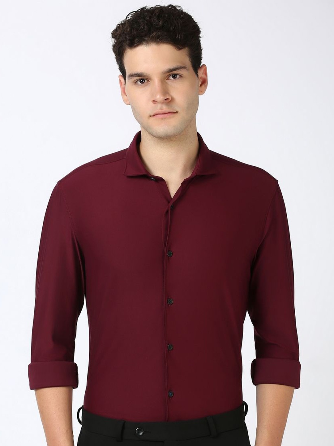 

Peter England Men Super Spread Collar Solid Nylon Slim Fit Formal Shirt, Maroon