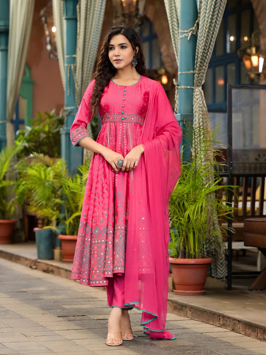 

Juniper Floral Printed Panelled Satin A-Line Kurta with Trousers & With Dupatta, Fuchsia