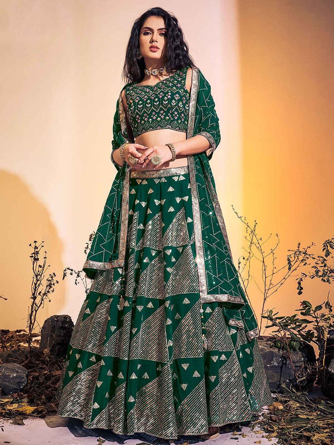 

ODETTE Embroidered Ready to Wear Lehenga & Blouse With Dupatta, Green