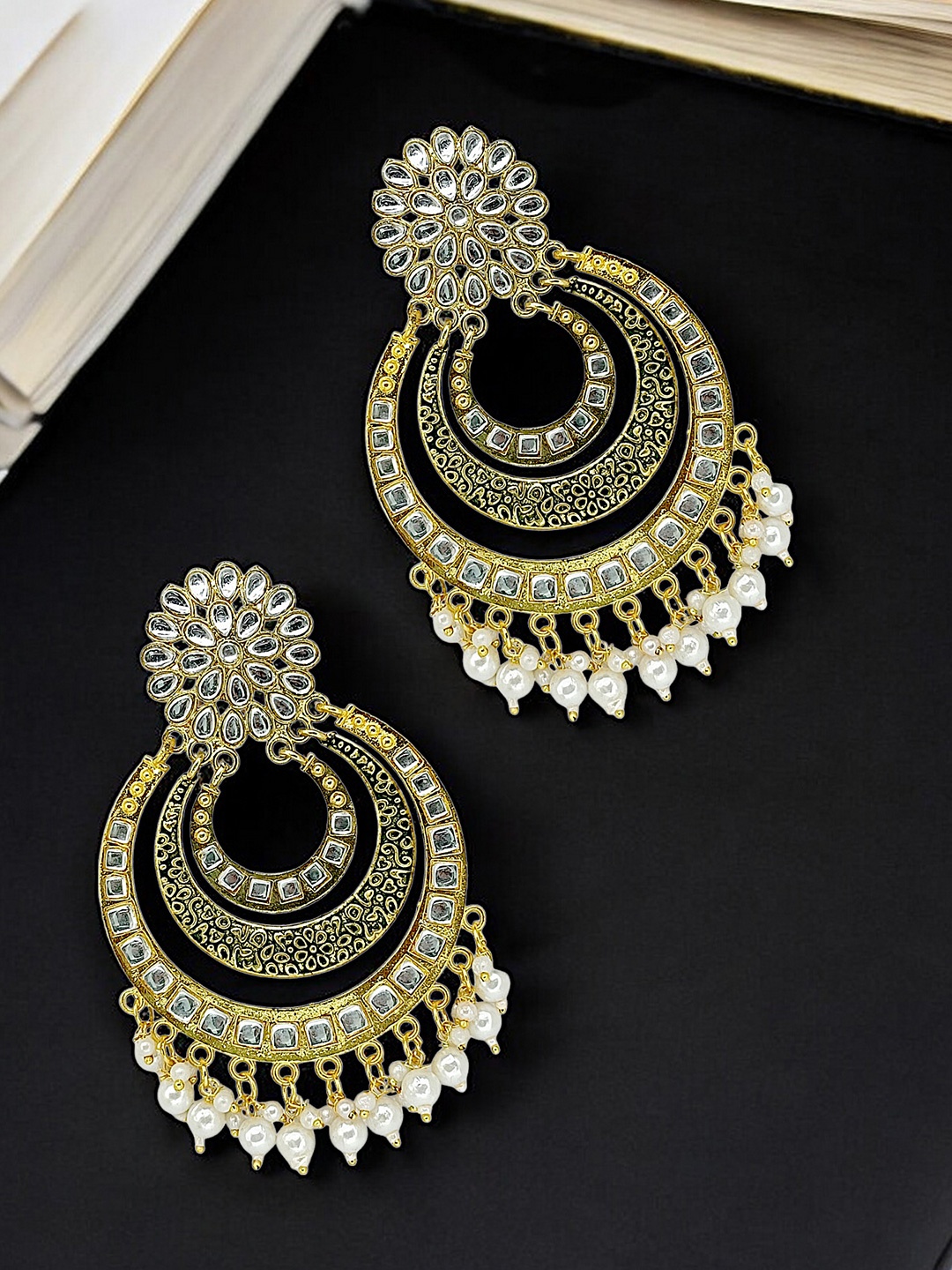 

9blings Gold Plated Kundan Studded Circular Chandbalis