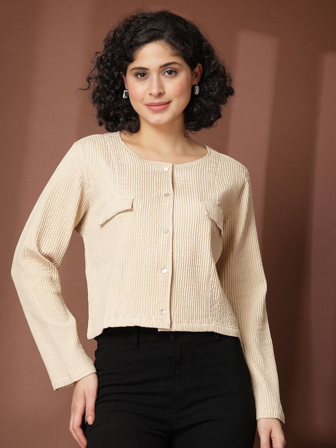 

plusS Women Standard Spread Collar Solid Casual Shirt, Beige