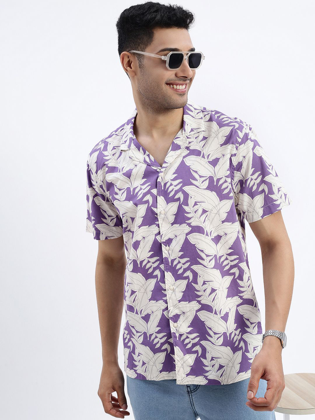 

SHOWOFF Men Premium Cuban Collar Floral Printed Cotton Relaxed Fit Casual Shirt, Purple