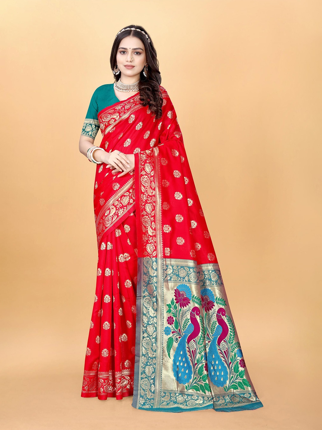 

VenderVilla Woven Design Zari Paithani Saree, Red