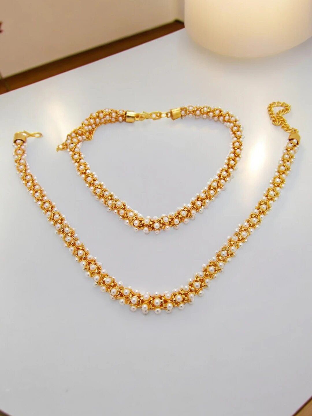 

9blings Set Of 2 Gold-Plated Artificial Beads Anklets