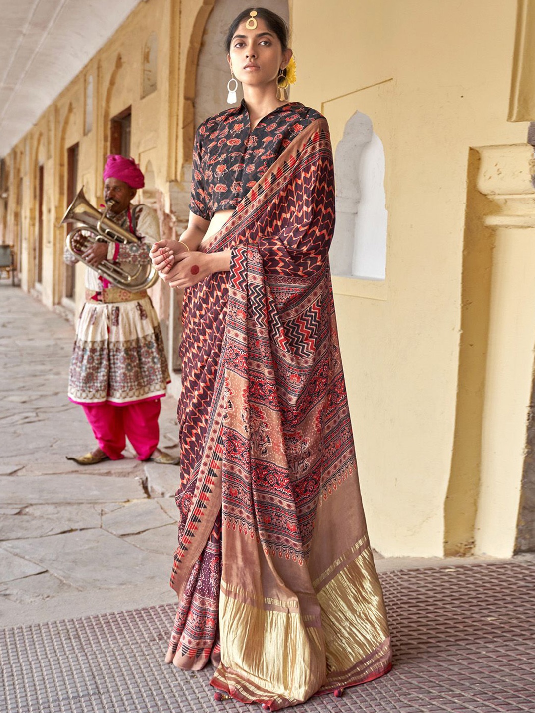 

Anouk Ajrak Printed Block Dabu Saree, Brown