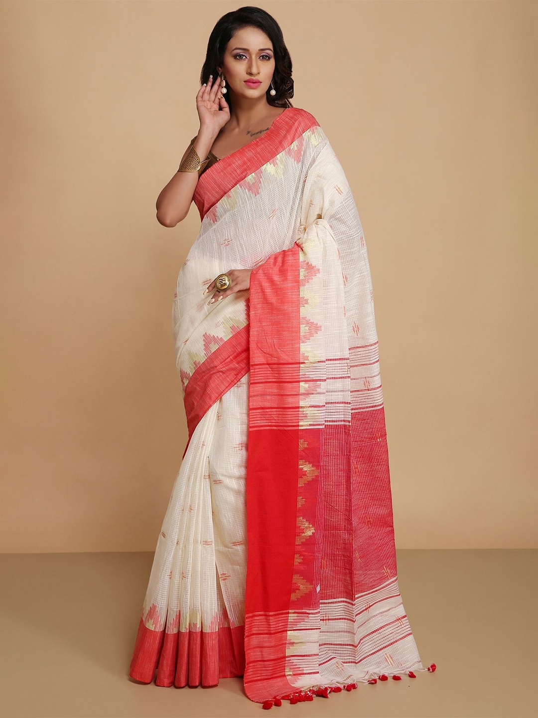 

WoodenTant Ethnic Motifs Silk Cotton Handloom Saree with unstitched blouse piece, Off white