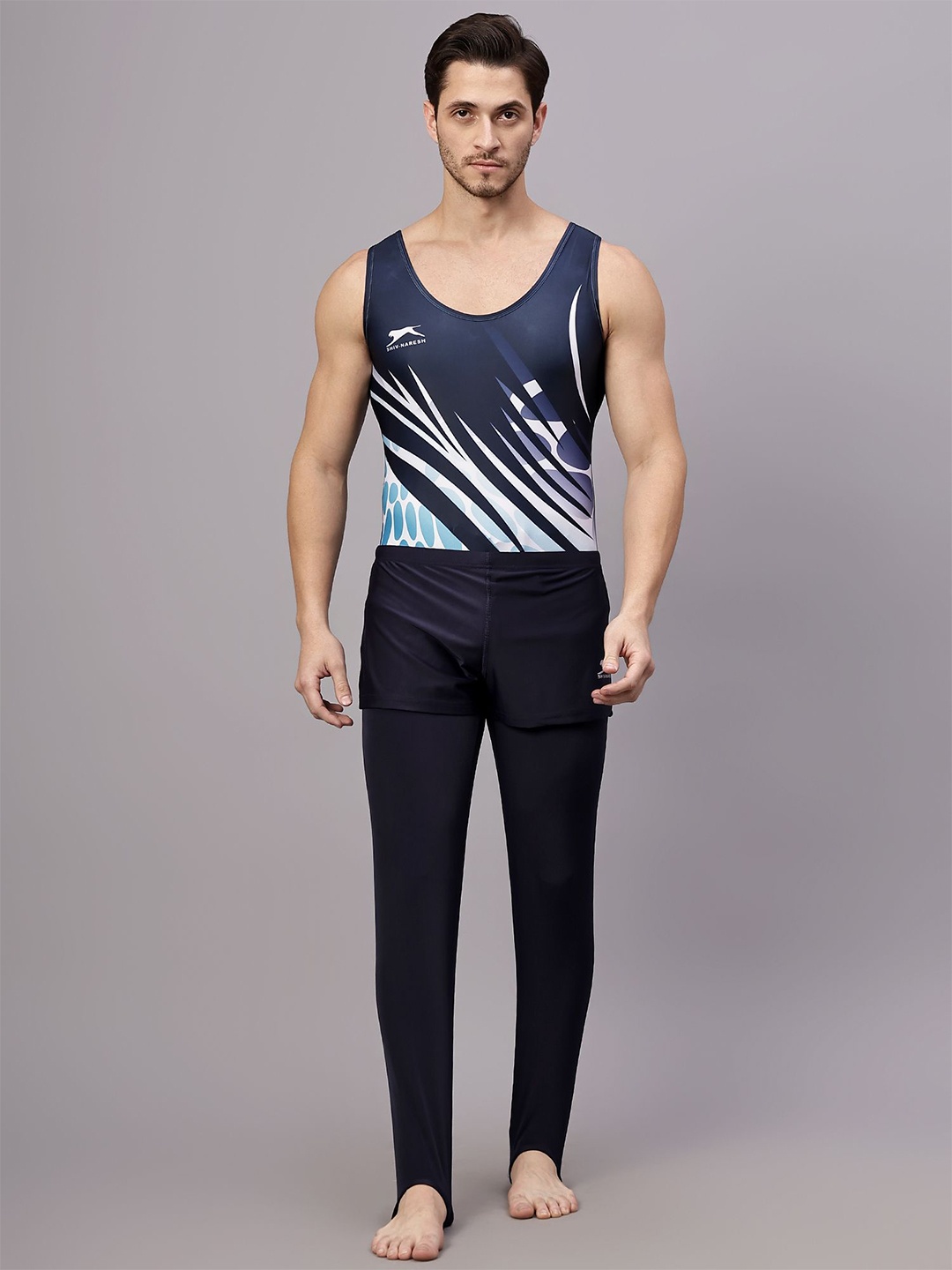 

Shiv Naresh Men Gymnastic Set Vest & Tights, Navy blue
