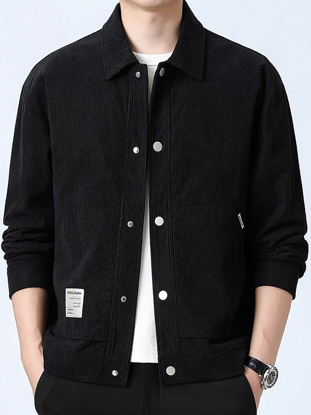

StyleCast x Revolte Men Spread Collar Self Design Casual Windcheater Jacket, Black