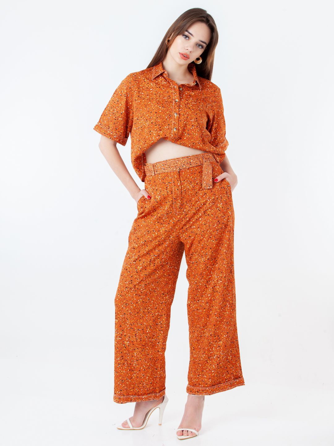 

Zink London Abstract Printed Shirt With Trousers, Orange