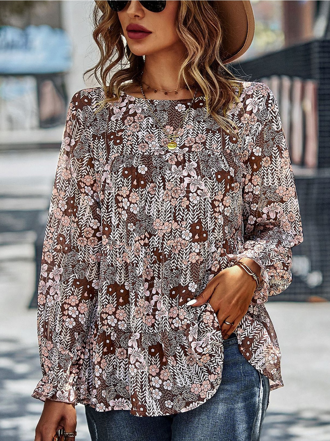 

StyleCast Women Floral Printed Round Neck Top, Brown