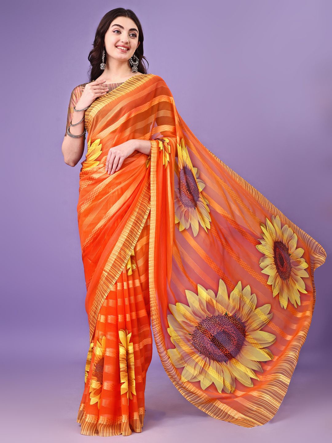 

P D Silk Mills Floral Pure Georgette Saree, Orange