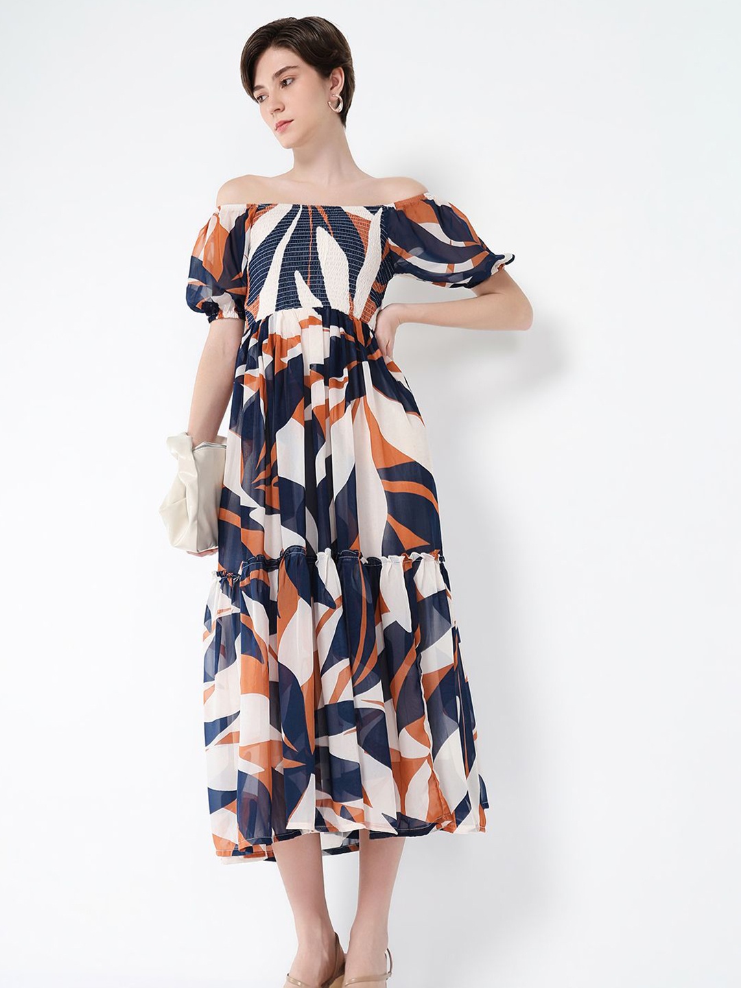 

SHOWOFF Abstract Printed Off-Shoulder Puff Sleeves Fit & Flare Midi Dress, Navy blue