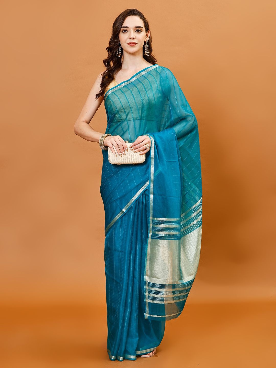 

Meena Bazaar Woven Design Zari Organza Saree, Blue