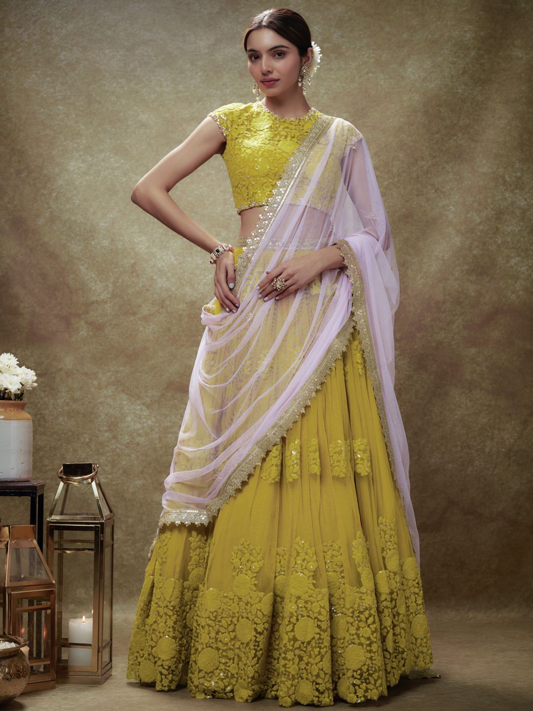 

Renee Label Embroidered Ready to Wear Lehenga & Blouse With Dupatta, Yellow