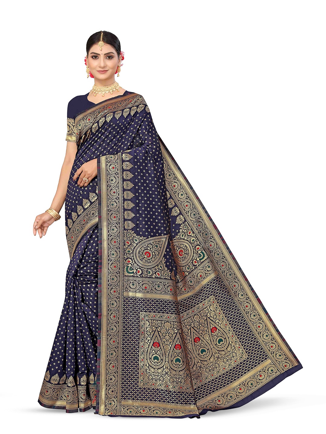 

Maroosh Floral Zari Silk Blend Banarasi Saree with unstitched blouse piece, Blue