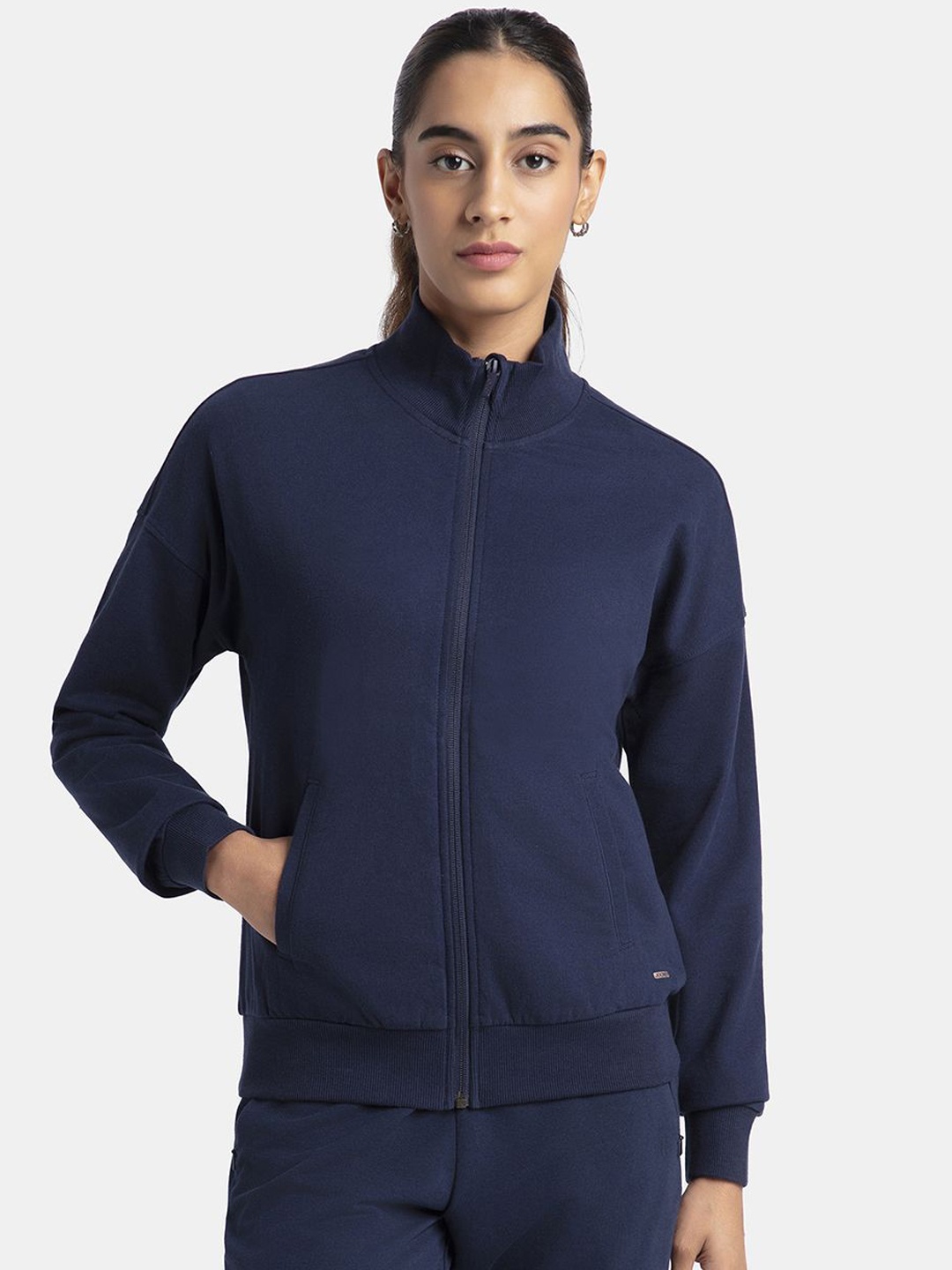 

Jockey Super Combed Cotton French Terry Regular Fit Drop Shoulder Styled Jacket-A111, Navy blue