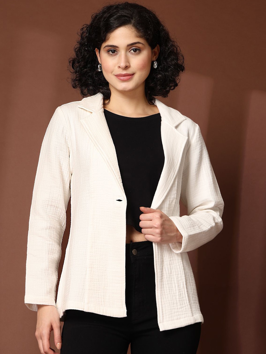 

plusS Cream-Coloured Notched Lapel Collar Cotton Single Breasted Blazer