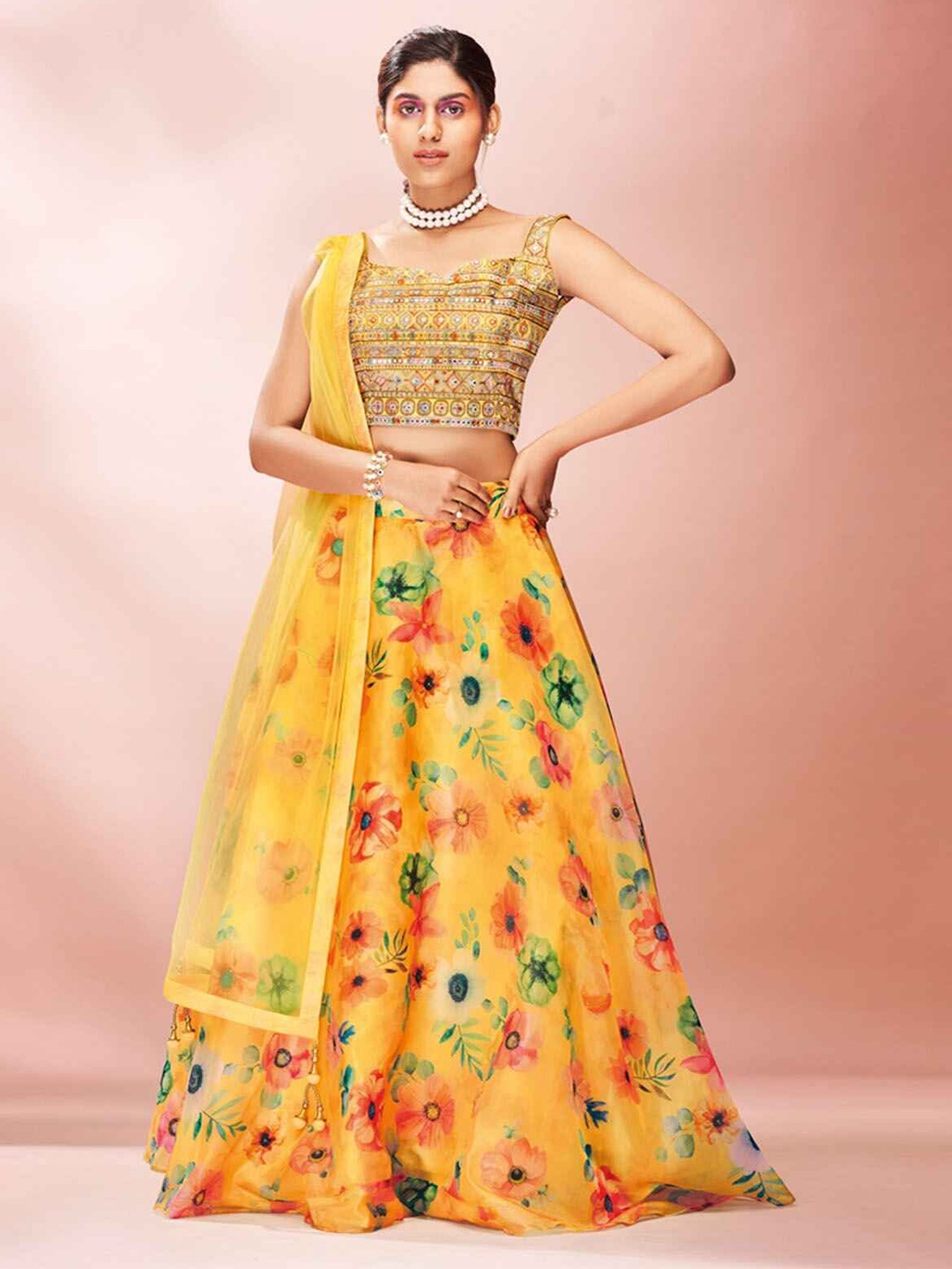 

ODETTE Floral Printed Organza Mirror Work Ready to Wear Lehenga & Blouse With Dupatta, Yellow