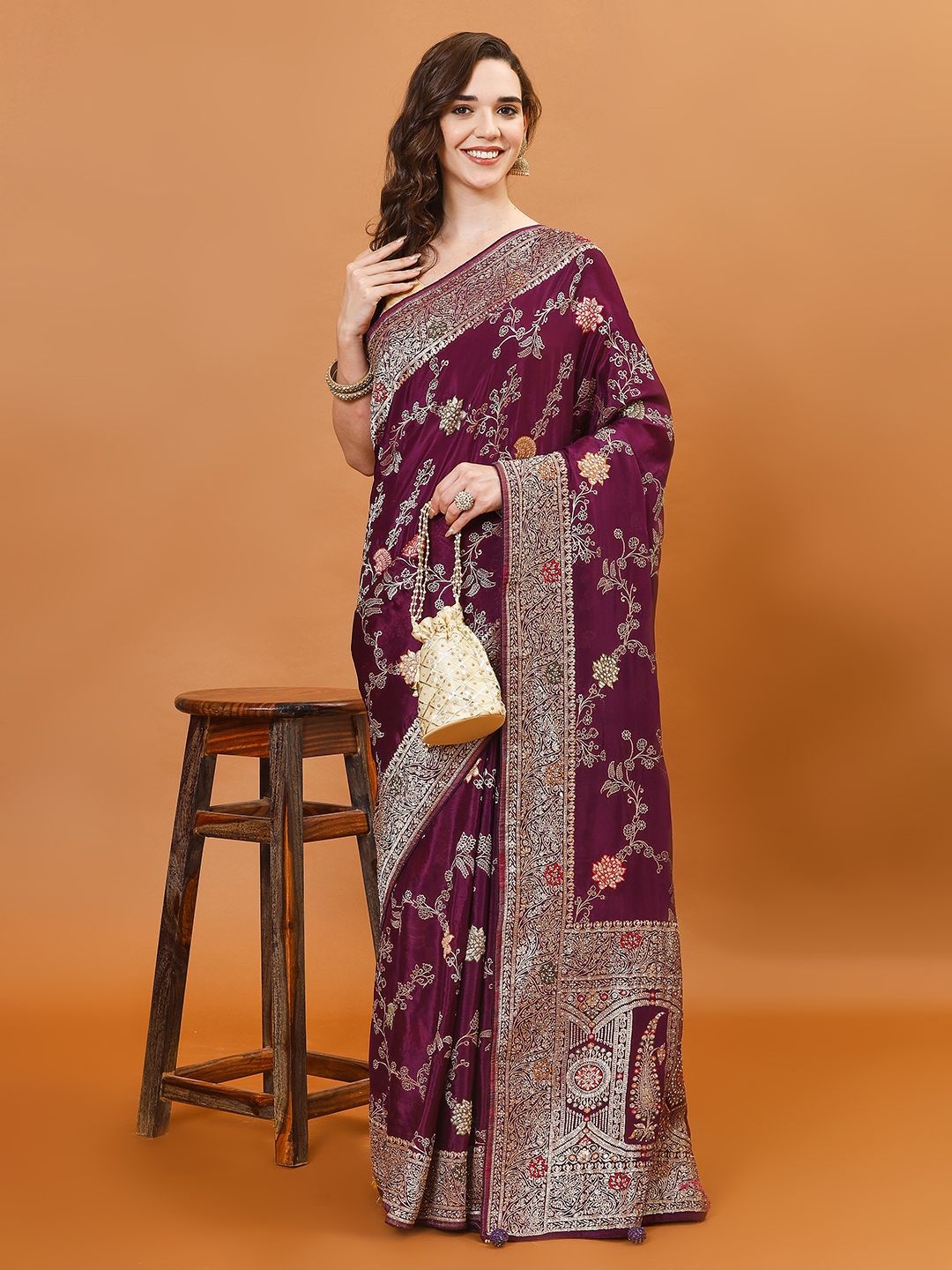 

Meena Bazaar Woven Design Zari Poly Crepe Saree, Purple