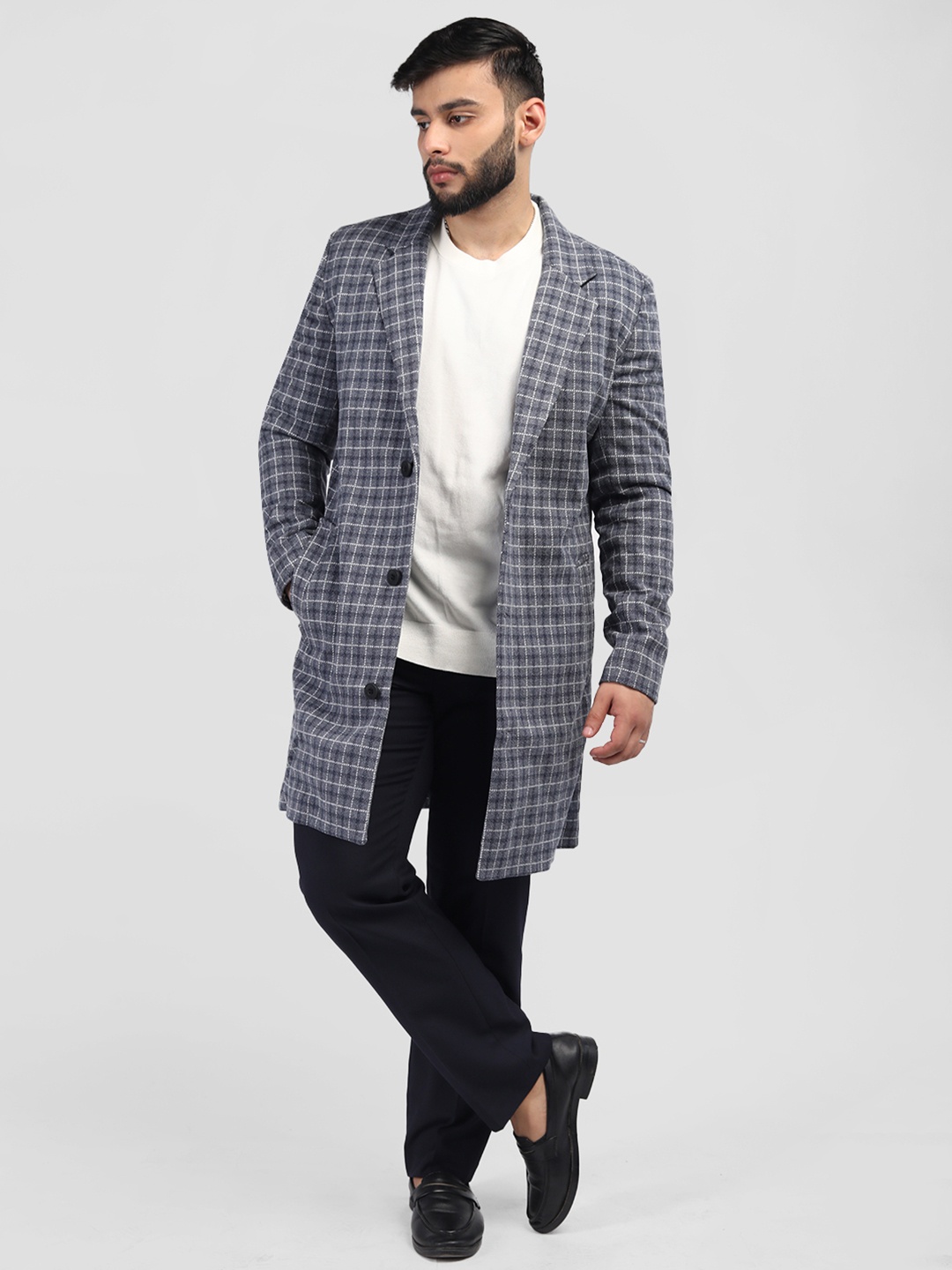 

HONNETE Men Notched Lapel Collar Checked Single-Breasted Trenchcoat, Grey