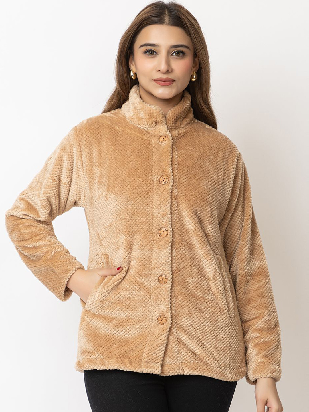 

LO G LO Women Stand Collar Self Design Casual Open Front Jacket, Beige