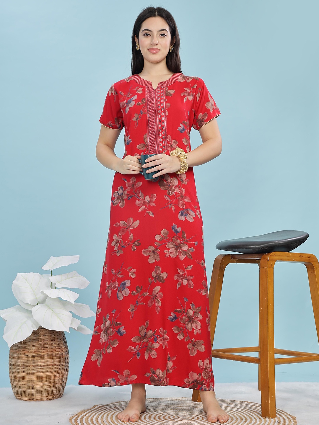 

9shines Label Printed Cotton Blend Maxi Nightdress, Red