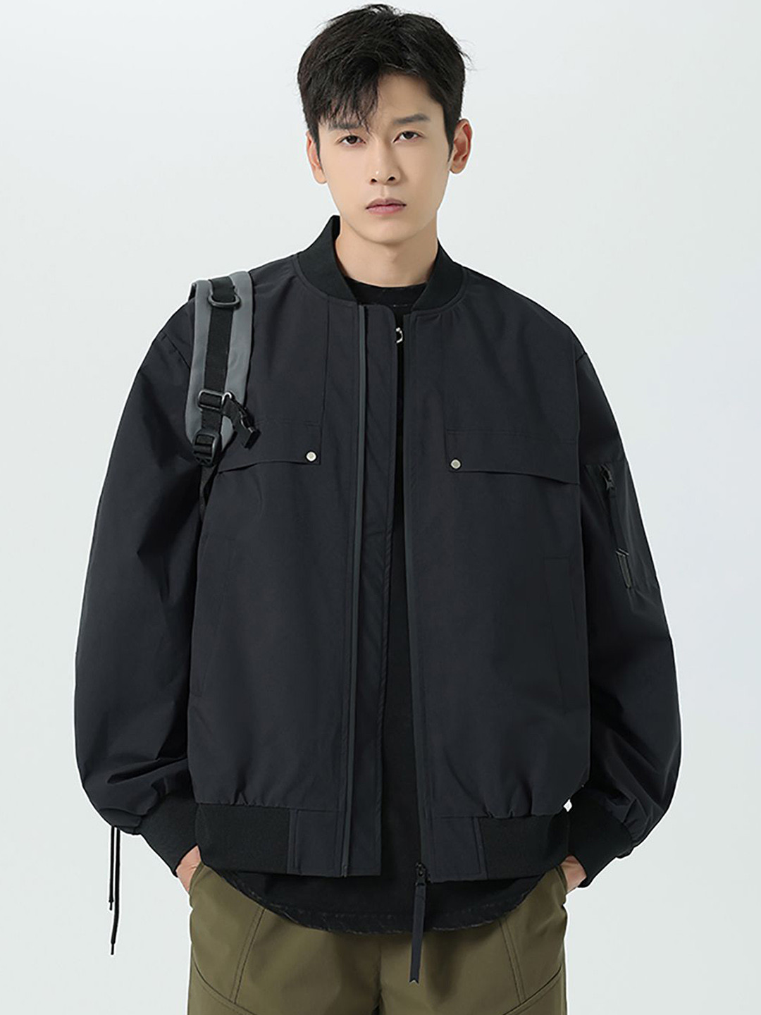

StyleCast x Revolte Men Stand Collar Solid Casual Windcheater Jacket, Black