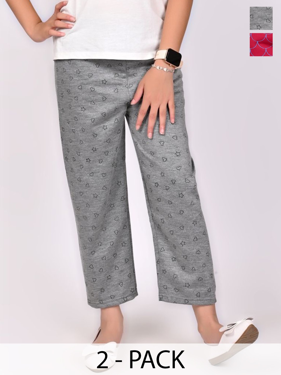 

BAESD Pack Of 2 Girls Printed Mid Rise Regular Trousers, Grey