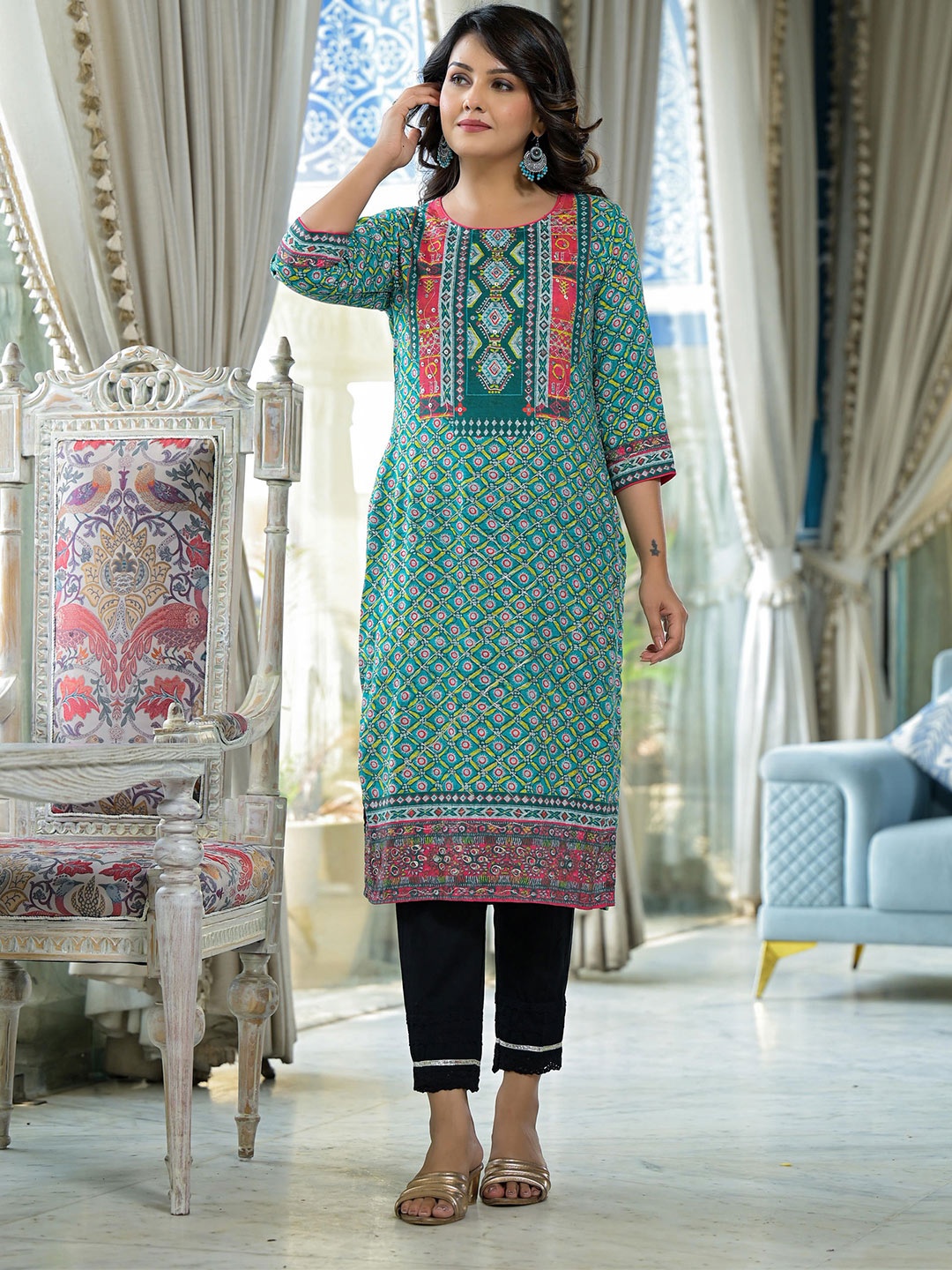 

Juniper Women Ethnic Motifs Printed Sequinned Liva Kurta, Teal