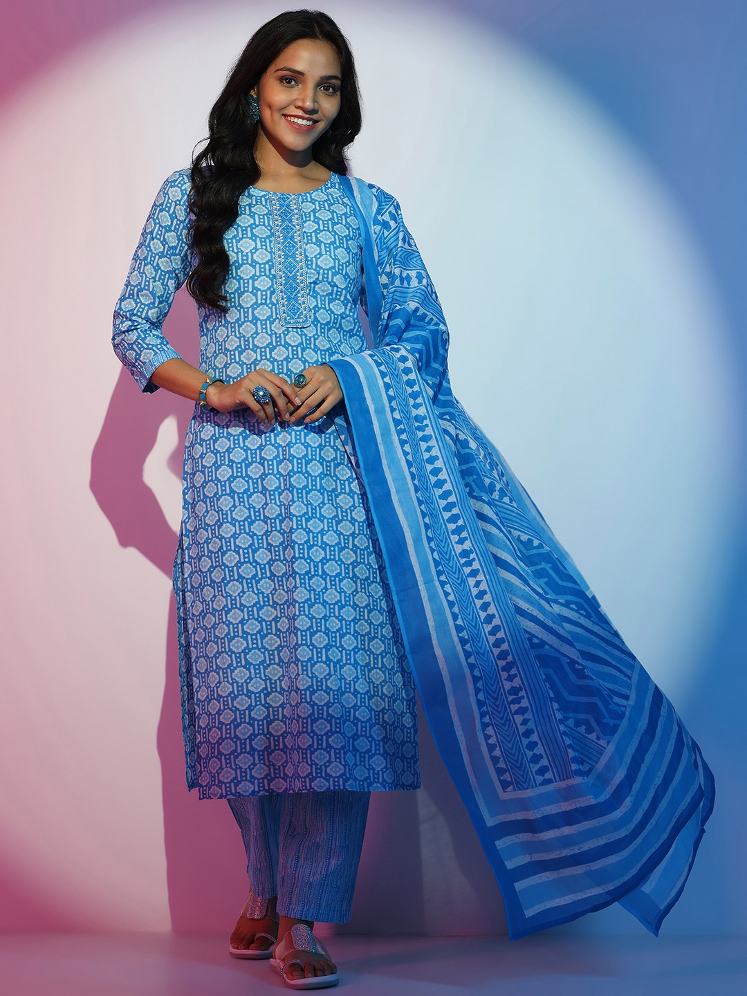 

Libas Ethnic Motifs Printed Thread Work Pure Cotton Straight Kurta With Trousers & Dupatta, Blue