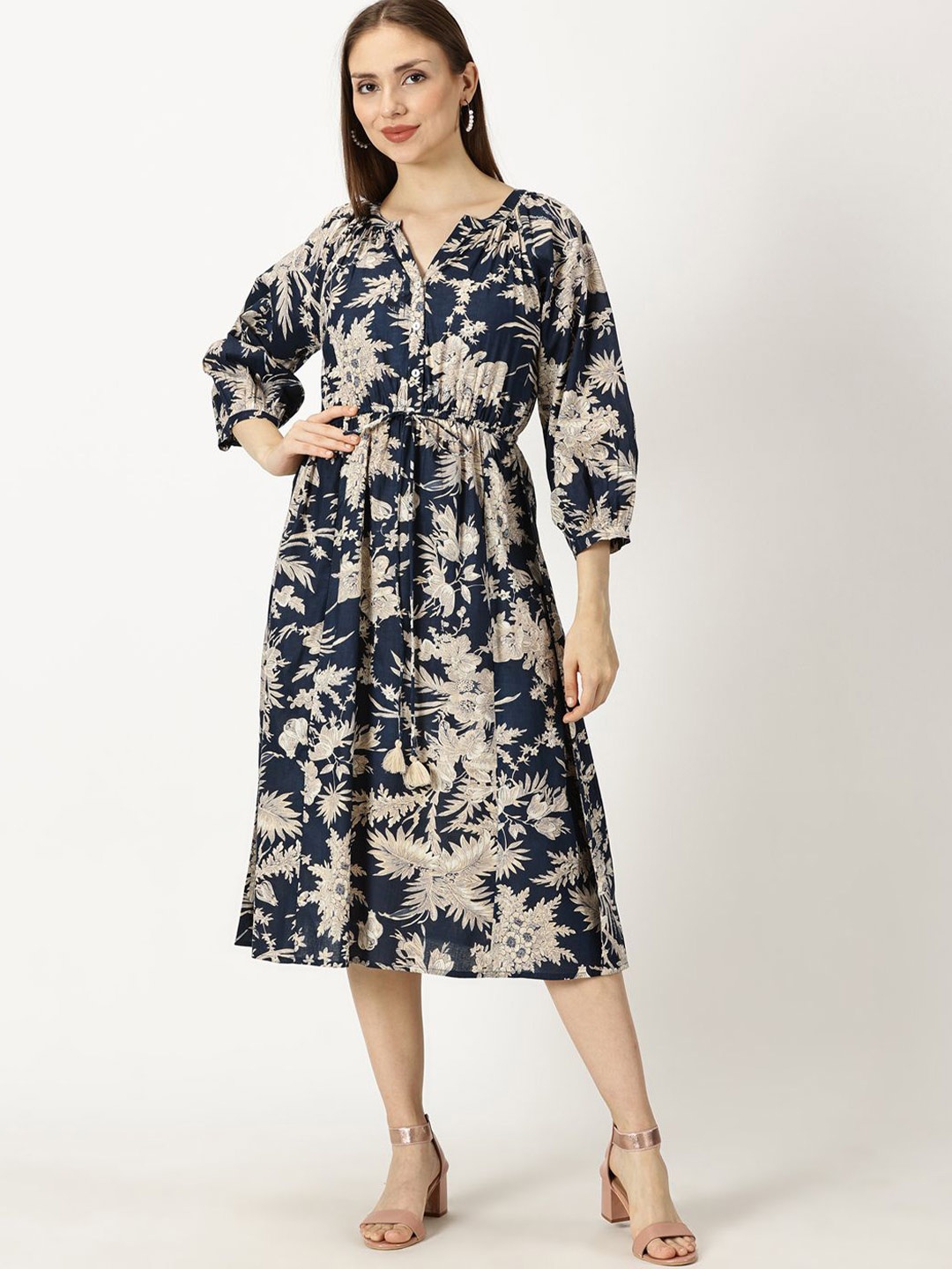 

Saffron Threads Women Tropical Print Puff Sleeve Fit & Flare Midi Dress, Navy blue