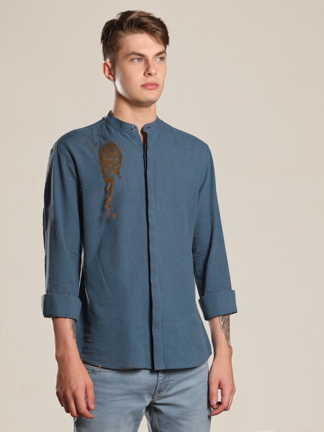 

TURMS Anti Stain Anti Odor Water Repellent Mandarin Collar Cotton Rich Linen Shirt, Teal