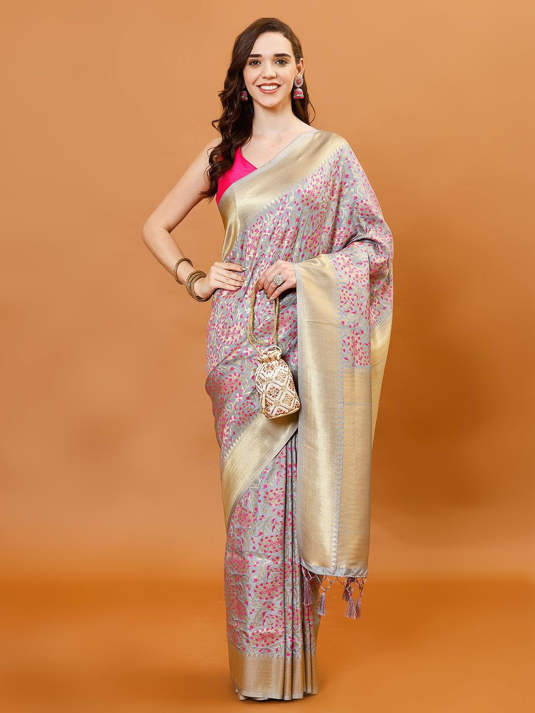 

Meena Bazaar Woven Design Zari Art Silk Saree, Grey