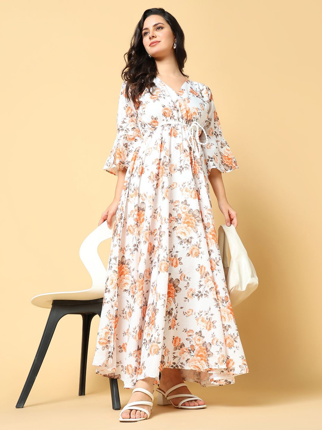 

SHOWOFF Women Floral Print Bell Sleeve Fit & Flare Maxi Dress, Orange