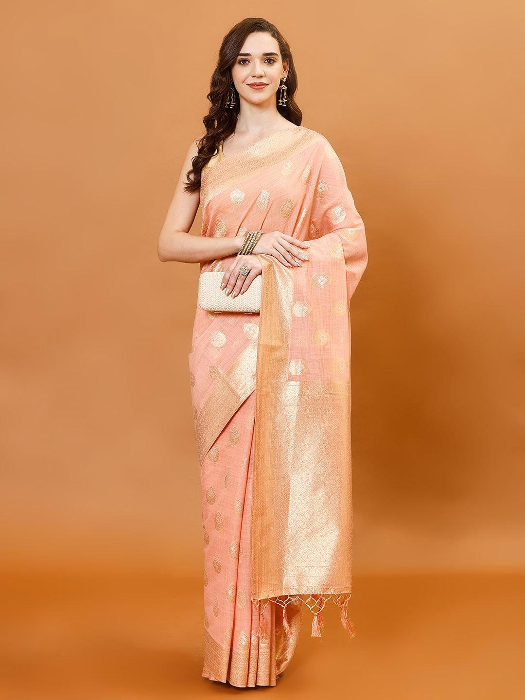 

Meena Bazaar Woven Design Zari Saree, Peach