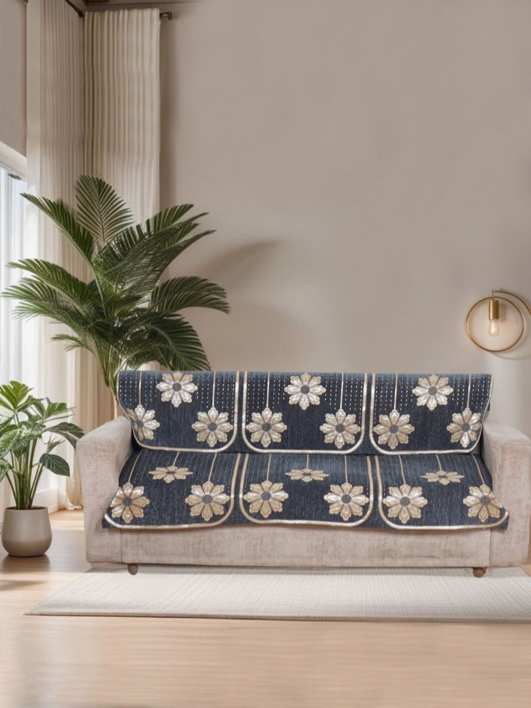 

BREVARD Grey & Gold Toned 6 Pieces Floral printed 3 Seater Sofa Covers
