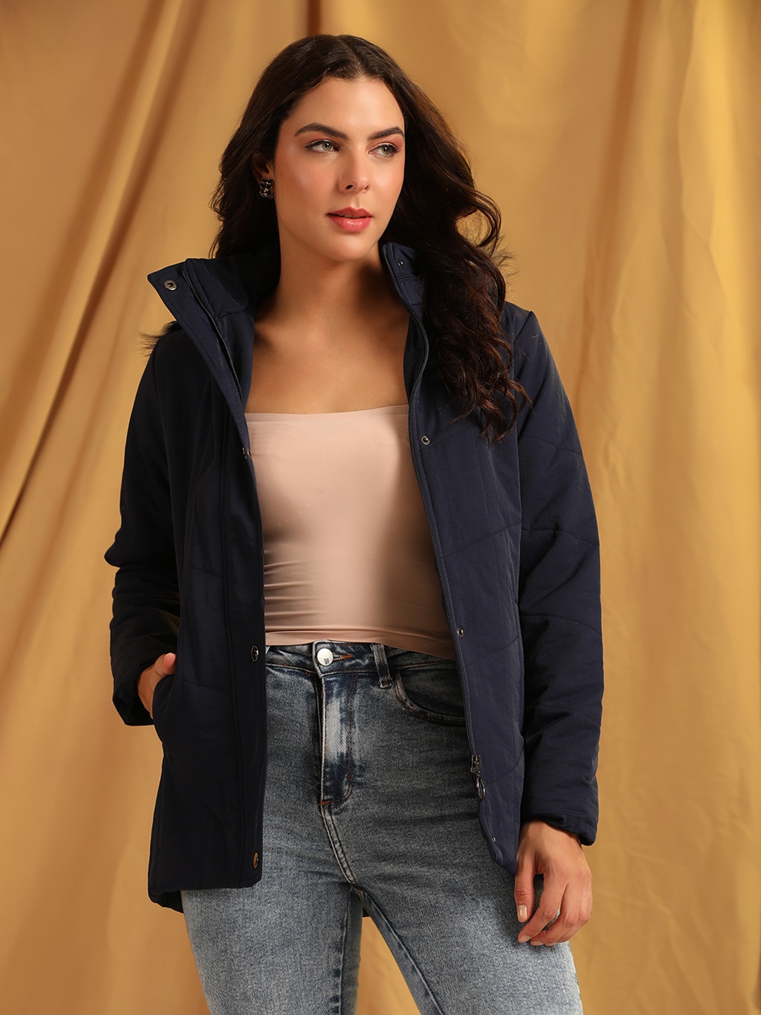 

Cayman Women Hooded Solid Casual Parka Jacket, Navy blue