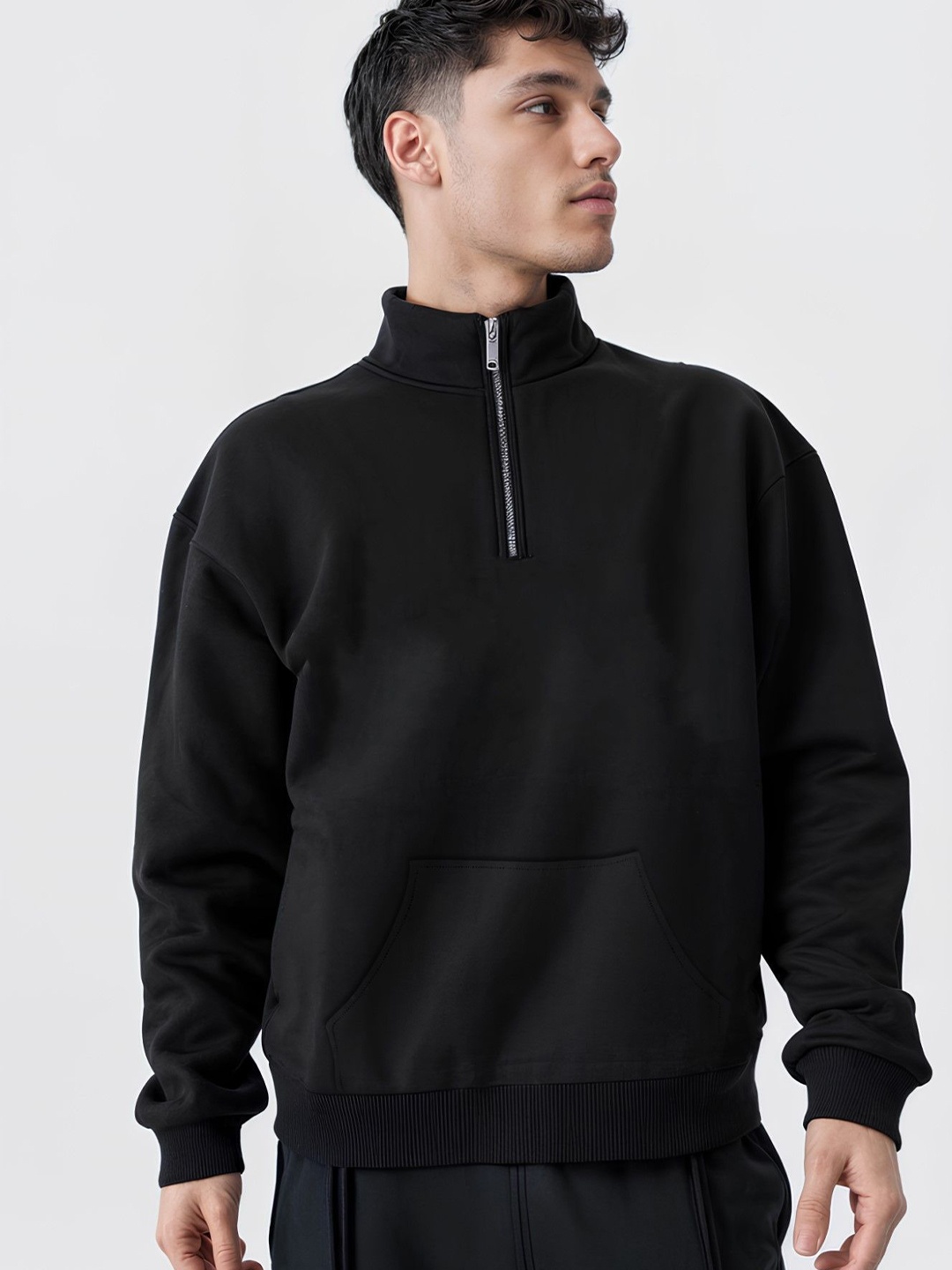 

Maniac Men Solid Mock Collar Fleece Pullover Sweatshirt, Black