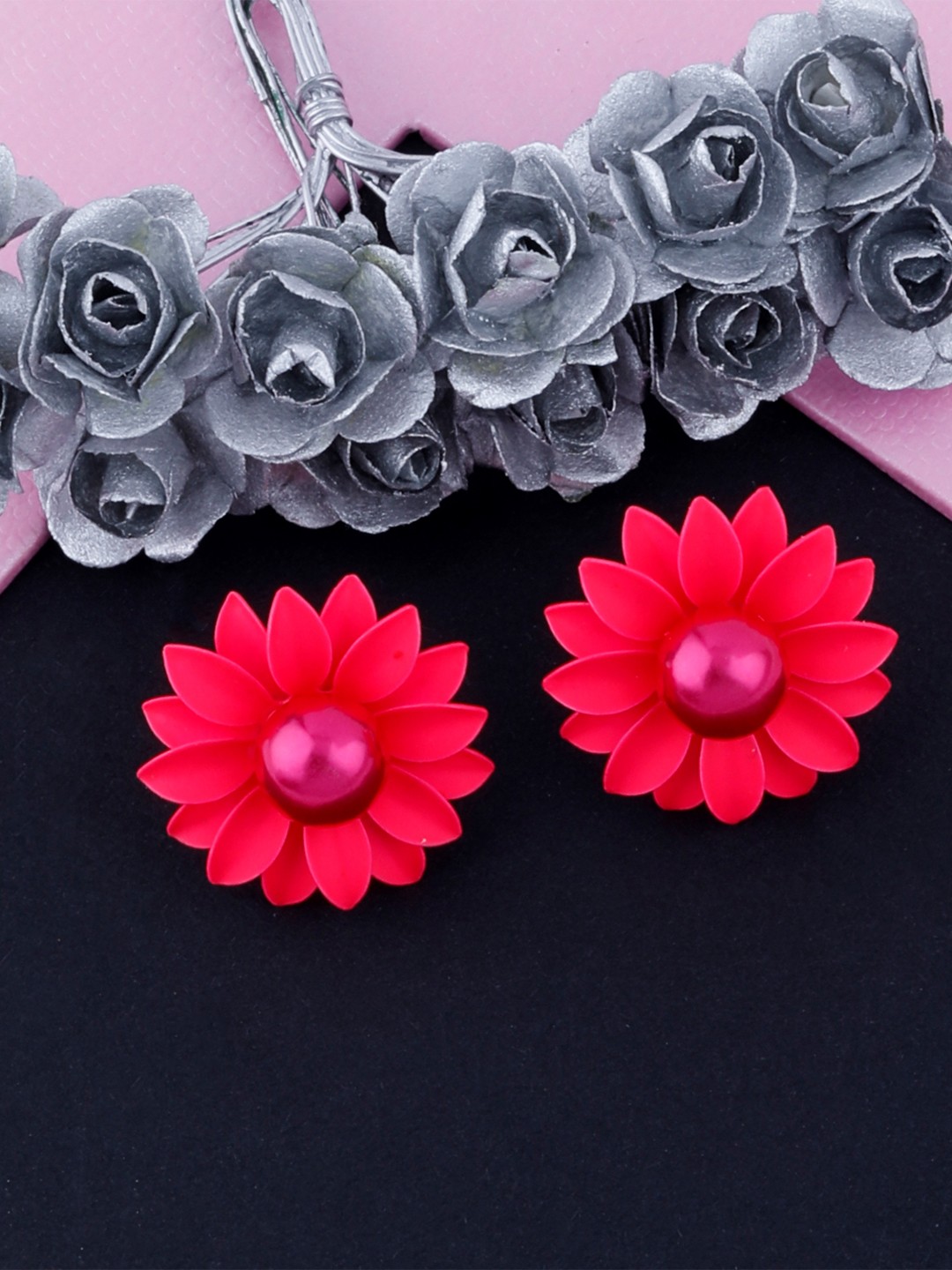 

Silver Shine Floral Beaded Studs, Pink