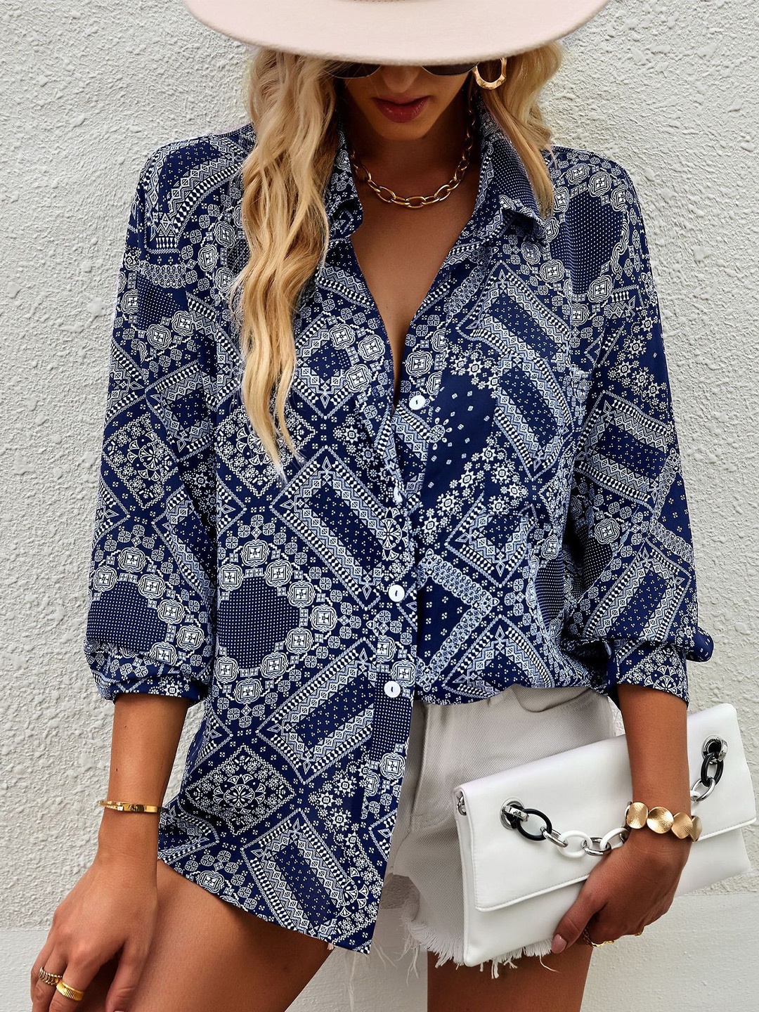 

StyleCast Women Floral Printed Shirt Collar Top, Blue
